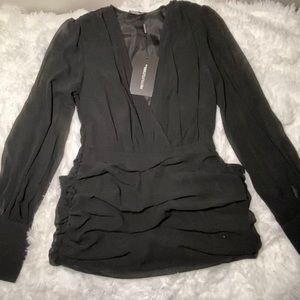 PLT Black Long Sleeve Chiffon Ruched Bodycon Dress